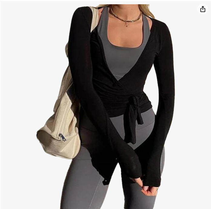 Women’s Ballet Pilates Wrap Top Long Sleeve Tie Shirt Slim Fit Workout Blouse Cross Wrap Crop Top for Dance and Yoga