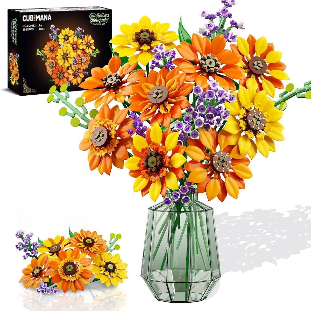 Flowers Sunflower Bouquet Building Set with Lights - 17 Flowers Botanical Collection Artificial Plant Sunflower Building Blocks Art Home Decor Easter Gifts for Adults Women Girl (1011PCS)