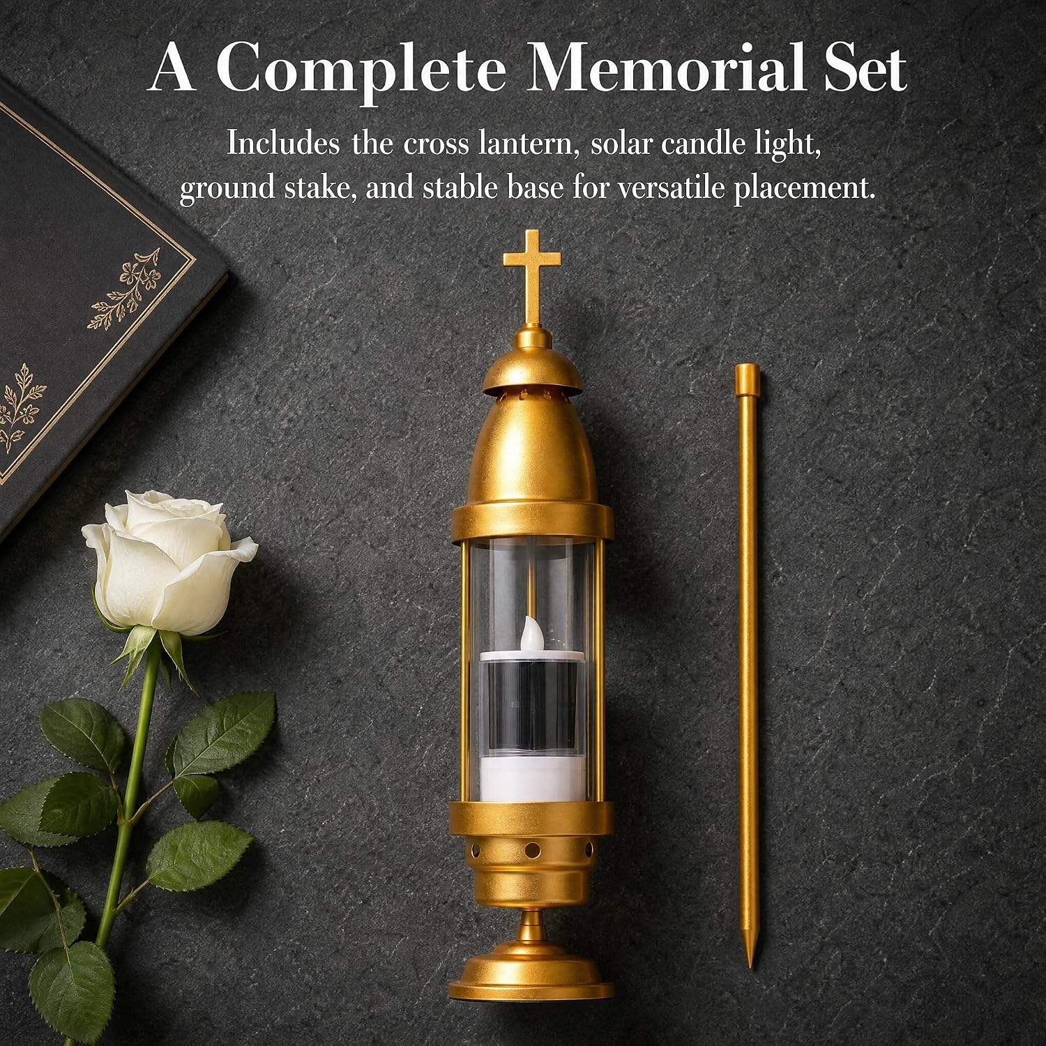Cemetery Solar Lights with Cross & Solar Candle, Waterproof Dual Mount