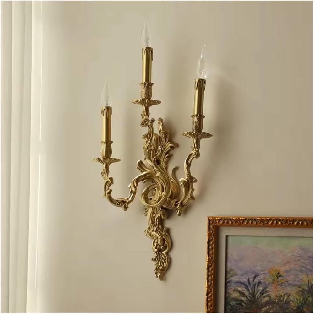 Wall Lamp Vintage Copper Candle Wall Lamp Living Room Bedroom Bedside Corridor Aisle Stair Sconce French Lighting Home Decor(Warm Light buld,3 Heads)