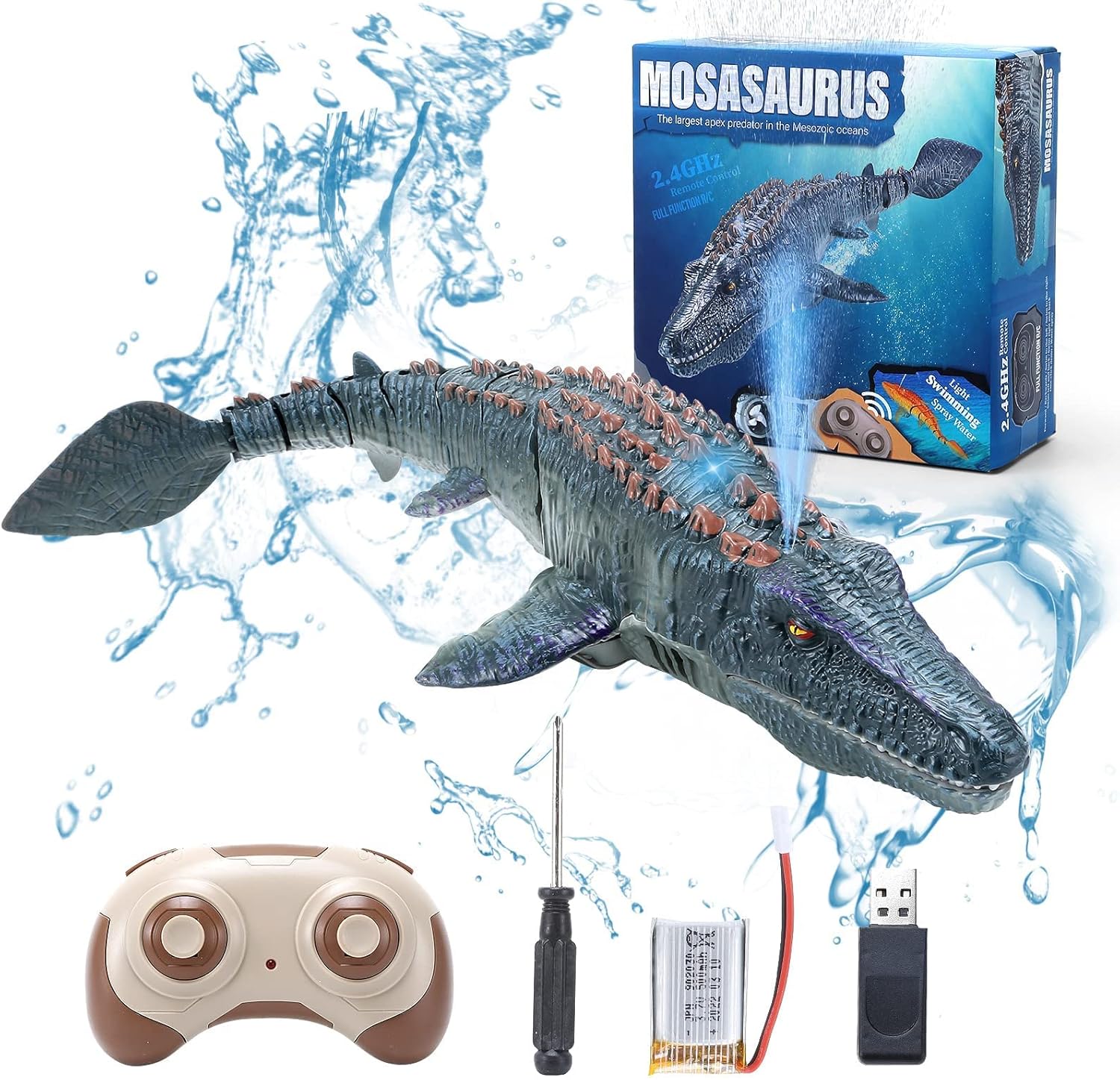 fromeasy Mosasaurus Dinosaur Toys, Upgrade Remote Control Water Toy, Pool Toys for Kids Ages 4-8, RC Dino with Light and Spray Water for Swimming Bath Lake Ocean Christmas Birthday Gift