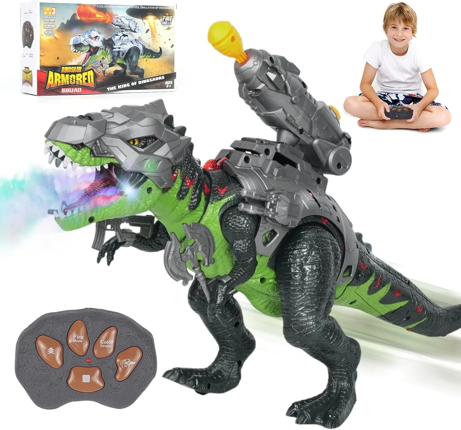 Remote Control Dinosaur Toys for Kids 3-5-7, Upgraded T Rex Dinosaur Toys with Changing Light, 7 Color Spray & Realistic Roars, RC Walking Dinosaur Robot 4-7, Birthday Gifts Toys for Kids Boys 3+