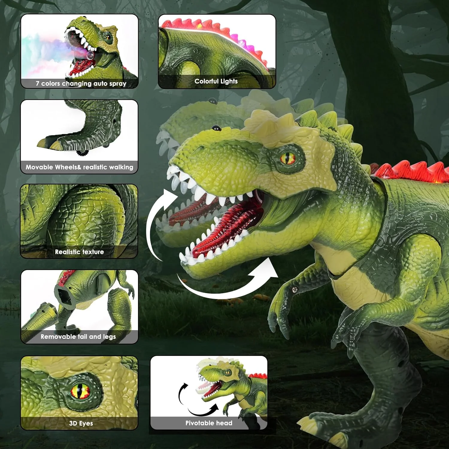 Remote Control Dinosaur Toys for Kids 3-5-7, Upgraded T Rex Dinosaur Toys with Changing Light, 7 Color Spray & Realistic Roars, RC Walking Dinosaur Robot 4-7, Birthday Gifts Toys for Kids Boys 3+
