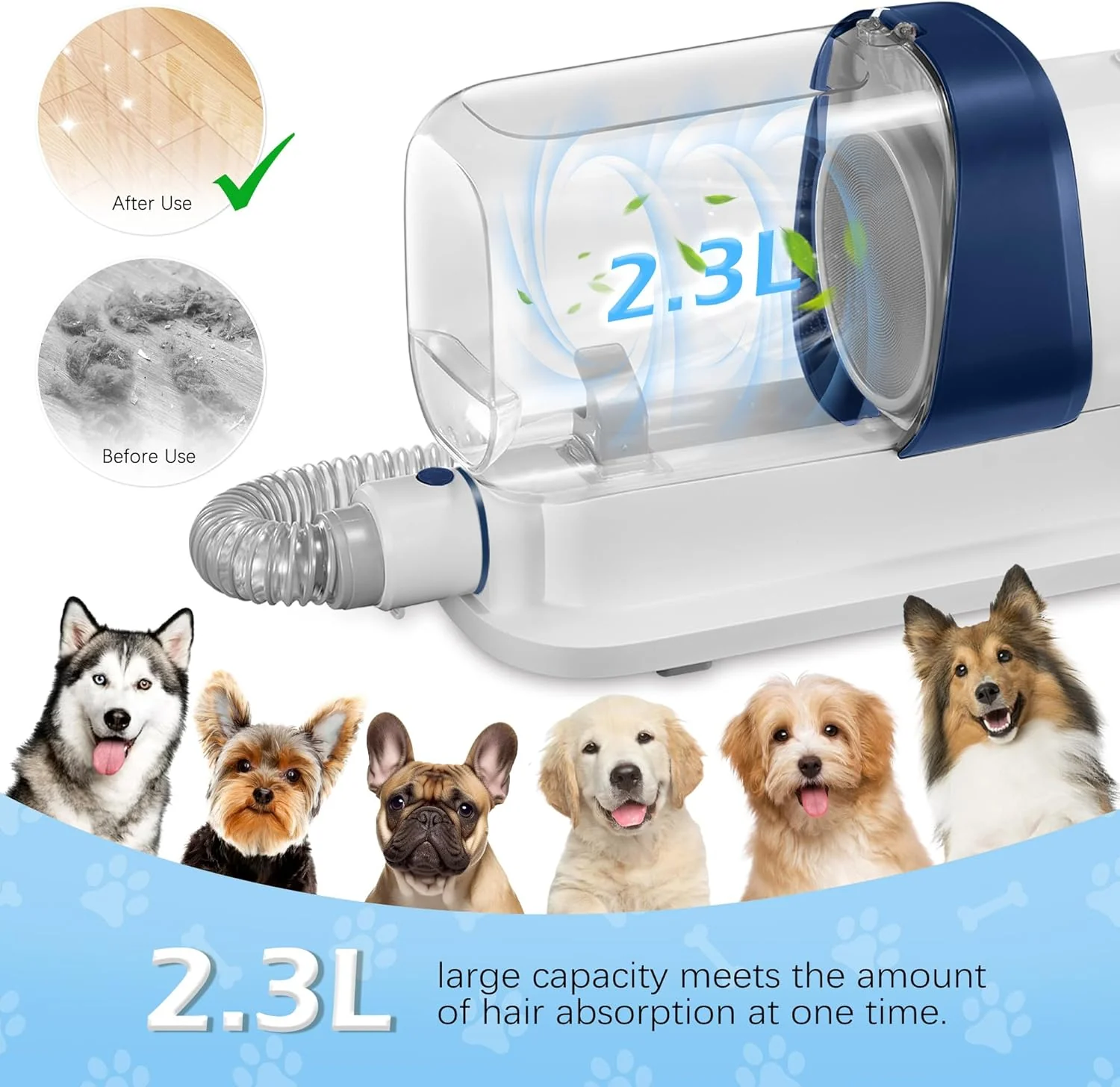 Pet Grooming Vacuum Kit: 2.3L Capacity, 99% Hair Capture, Low Noise with 5 Tools