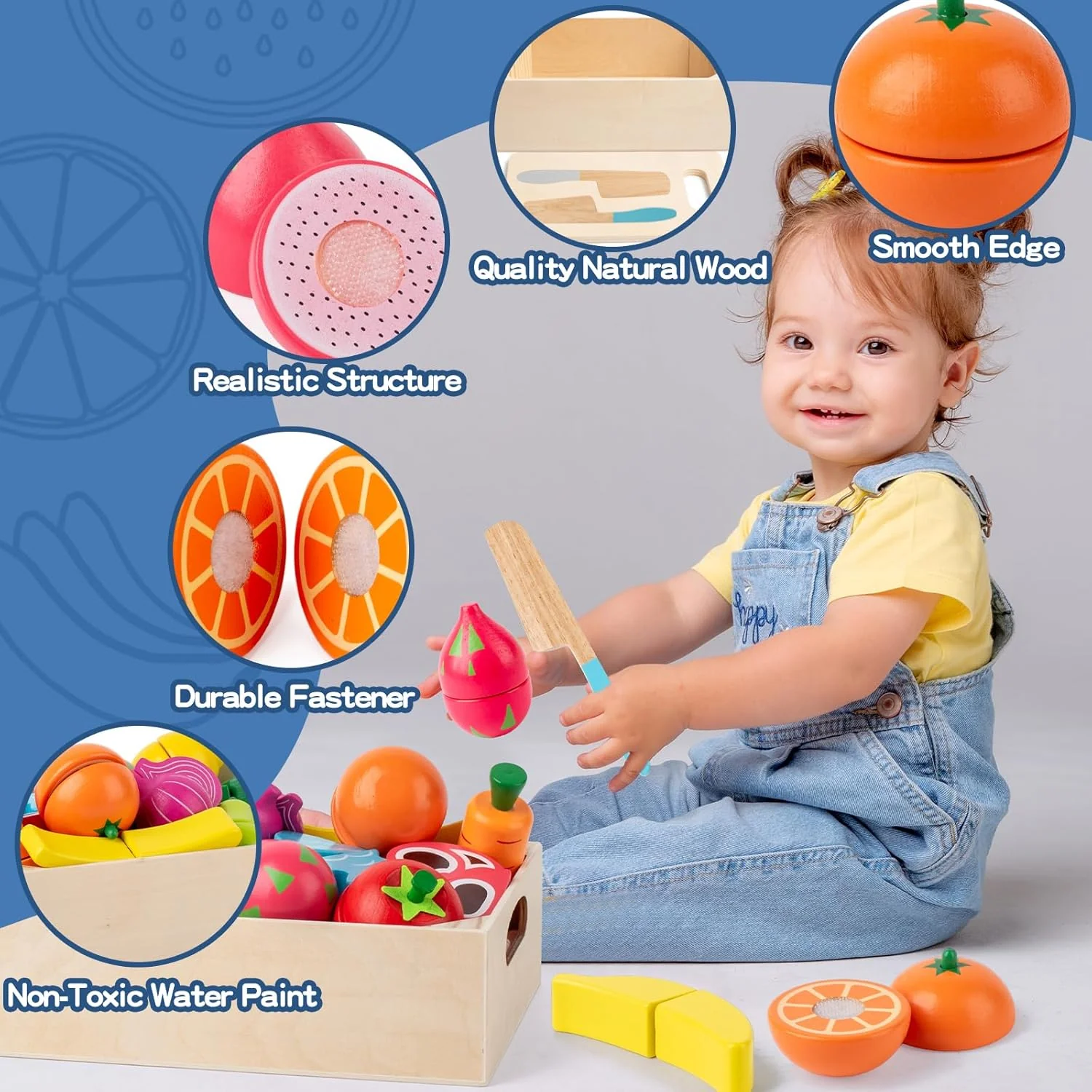 32 Pcs Wooden Play Food Sets for Kids Kitchen Accessories, Montessori Educational Toys Food, Pretend Play Food for Toddlers, Velcro Fruits and Vegetables Cutting Set for Kids Boys Girls