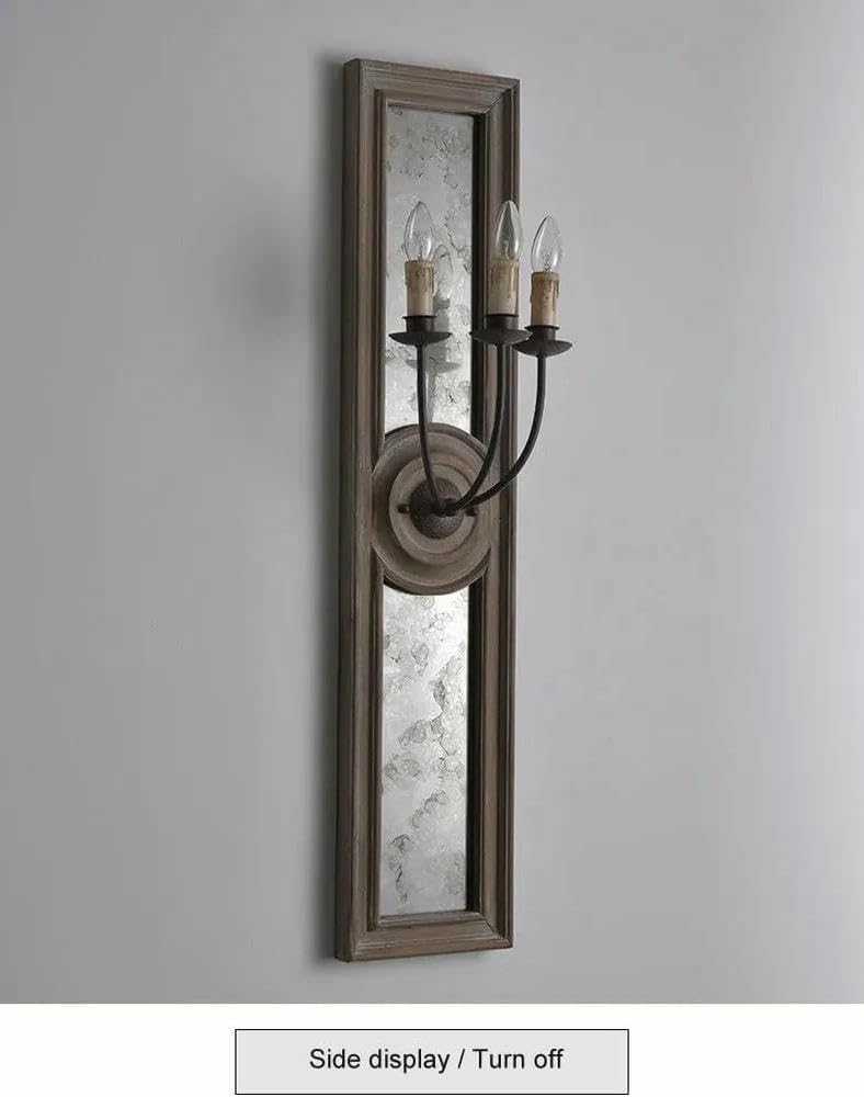 Wall Lamp American Retro Wooden Mirror Frame Wall Lamp French Living Room Bedroom Corridor Porch Old Iron Candle(Warm Light)