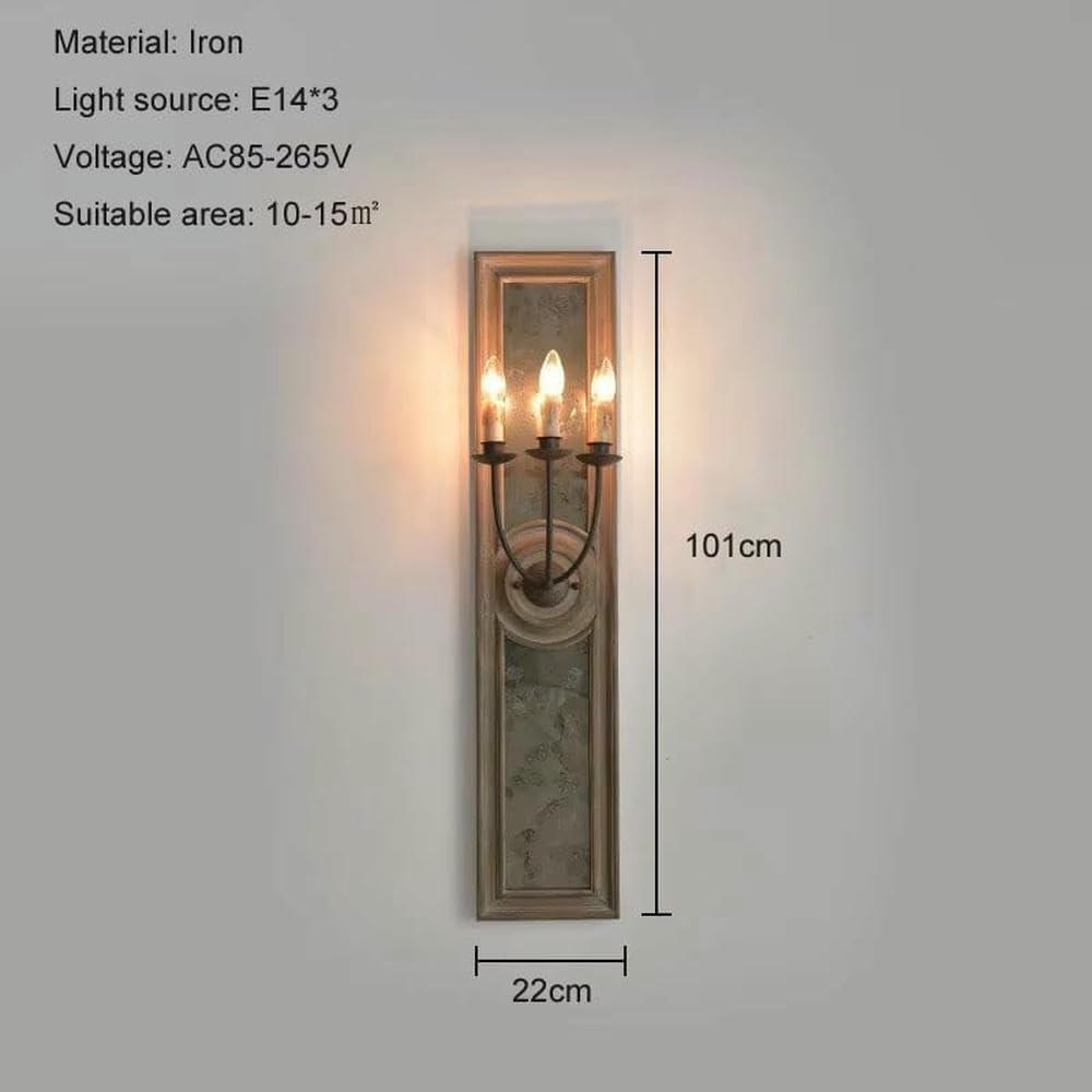 Wall Lamp American Retro Wooden Mirror Frame Wall Lamp French Living Room Bedroom Corridor Porch Old Iron Candle(Warm Light)