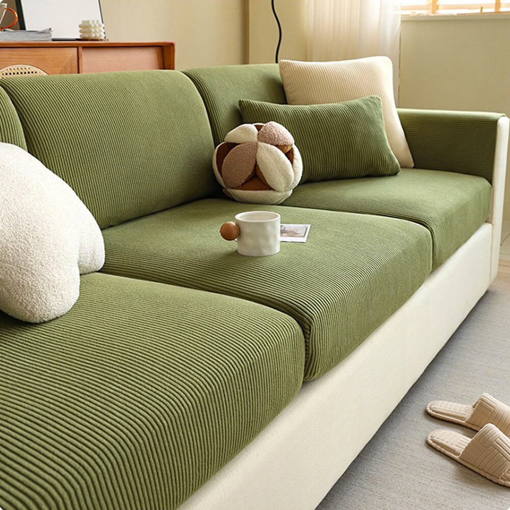 Vertical Stripe Corduroy Anti-Scratch Stretch Full-Cover Sectional Couch Cover
