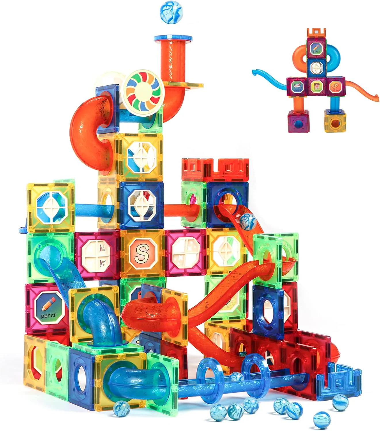 176pcs Magnetic Tiles Marble Run Set with Race Track for Kids Ages 8+, STEM Educational Building Blocks
