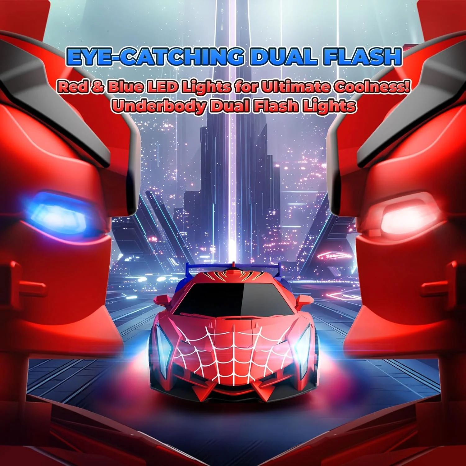Spider Transform RC Car with Eye & Underbody Lights, 2.4GHz One-Button Deformation Robot Toy