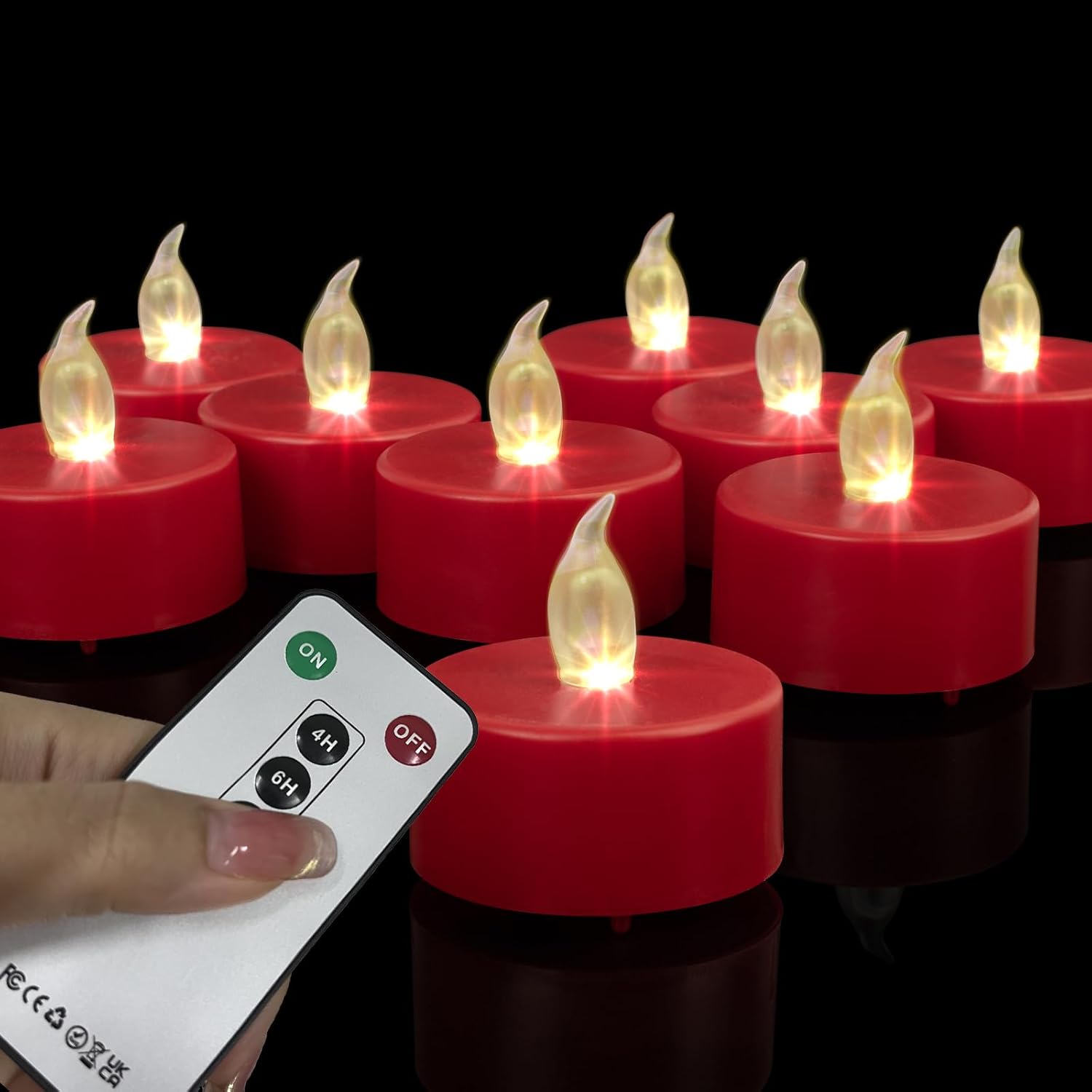 Flameless LED Tea Lights with Remote Control, Red, 24Pack | Timer, Flickering, 400+Hours Battery Operated Candles, Home Decoration, Festival Celebration, Dinner Parties
