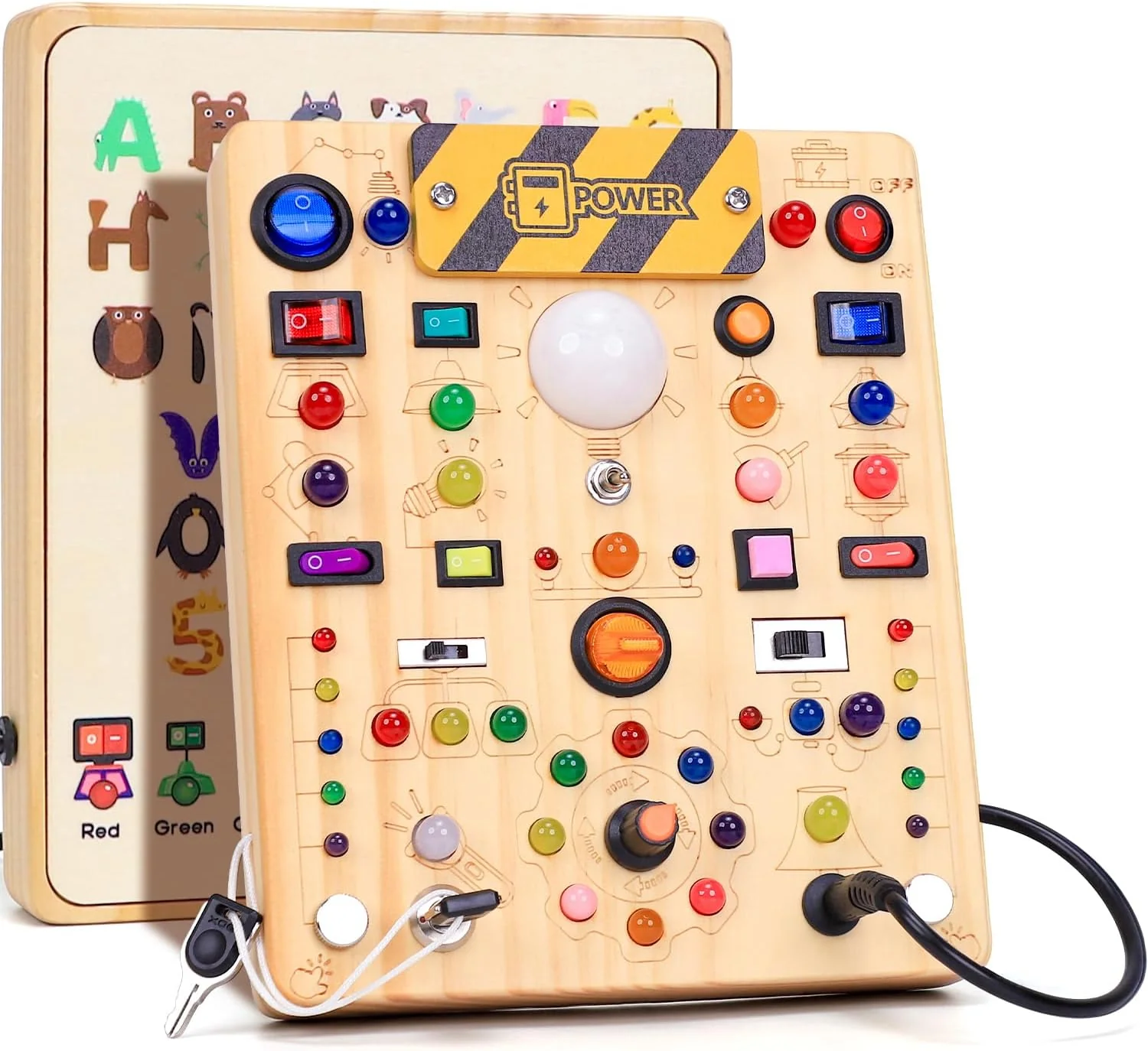 Busy Board with LED Light Switches, Montessori Toys for 1 2 3 Years Old, Toddlers Wooden Toy Sensory Activity Board, Travel Toys for 1+ Year Old Boy & Girl Birthday Gift