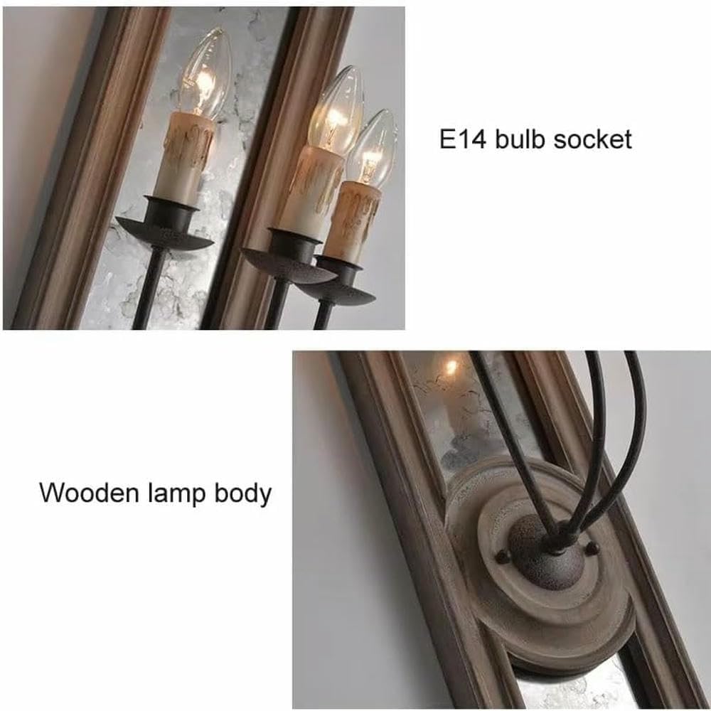 Wall Lamp American Retro Wooden Mirror Frame Wall Lamp French Living Room Bedroom Corridor Porch Old Iron Candle(Warm Light)