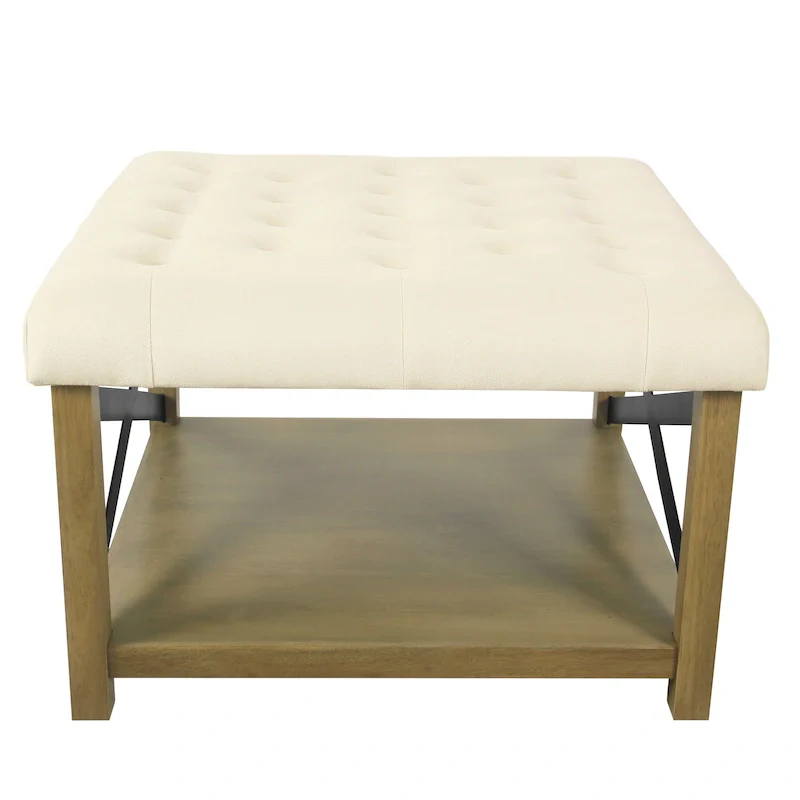 Square Tufted Storage Ottoman with Wood Shelf