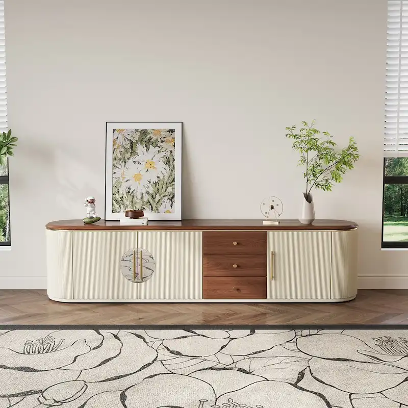 78.74-Inch TV Stand with Wood-Look Top, 5 Cabinets and 3 Drawers