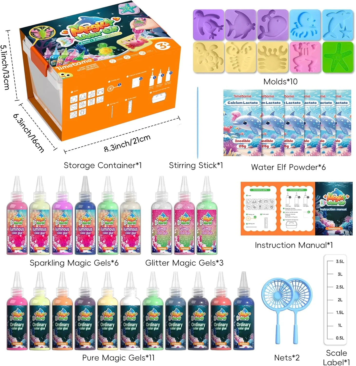 Magic Water Elf Toy Kit - 20 Gels (Glow & Glitter) & 10 Molds, DIY Squishy Maker for Kids