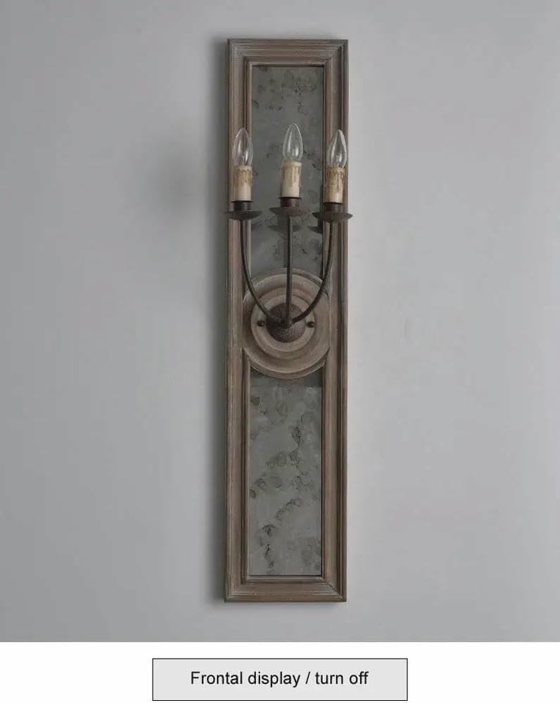 Wall Lamp American Retro Wooden Mirror Frame Wall Lamp French Living Room Bedroom Corridor Porch Old Iron Candle(Warm Light)