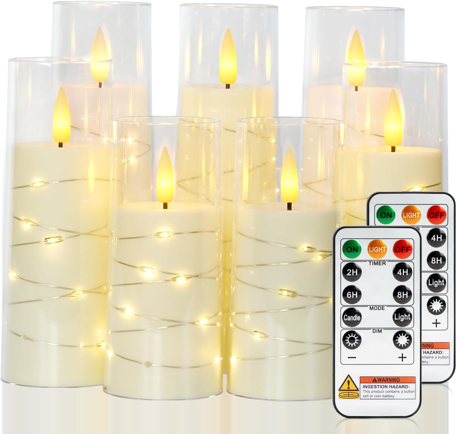 Raycare Flameless Candle with Remote Timer 7 Flickering Acrylic Battery Operated LED Pillar Candles with Embedded Star String for Christmas, Wedding, Home Table Decor, and as a Gift (Ivory White)