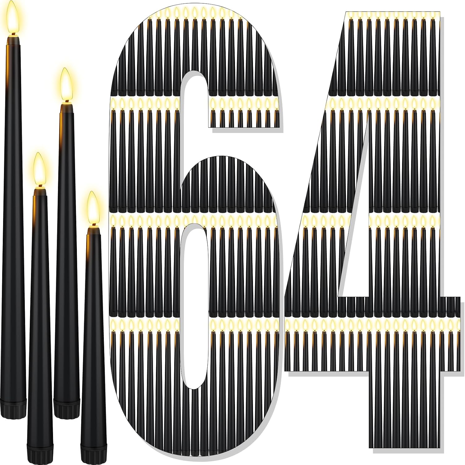 Rossesay 64 Pcs Wedding Flameless LED Taper Candles Battery Operated Candles 4 Sizes of 8.5'', 9.65'', 10.83'', 12.8'' Candlesticks Flickering for Halloween Christmas Church Wedding(Black)