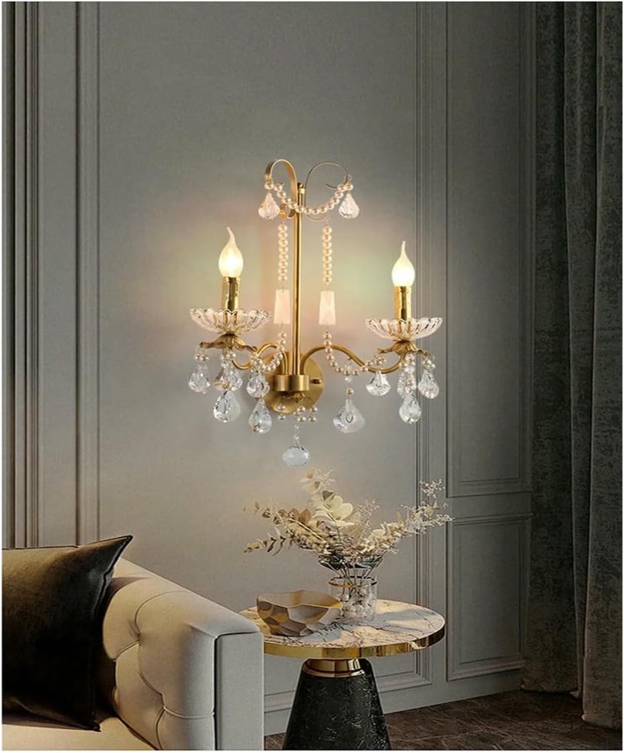 Wall Lamp French Luxury Retro Palace Crystal Pearl Wall Lamp Corridor Bedroom Bedside Living Room Dector Aisle Staircase Candle Lighting,Indoor(Warm Light)