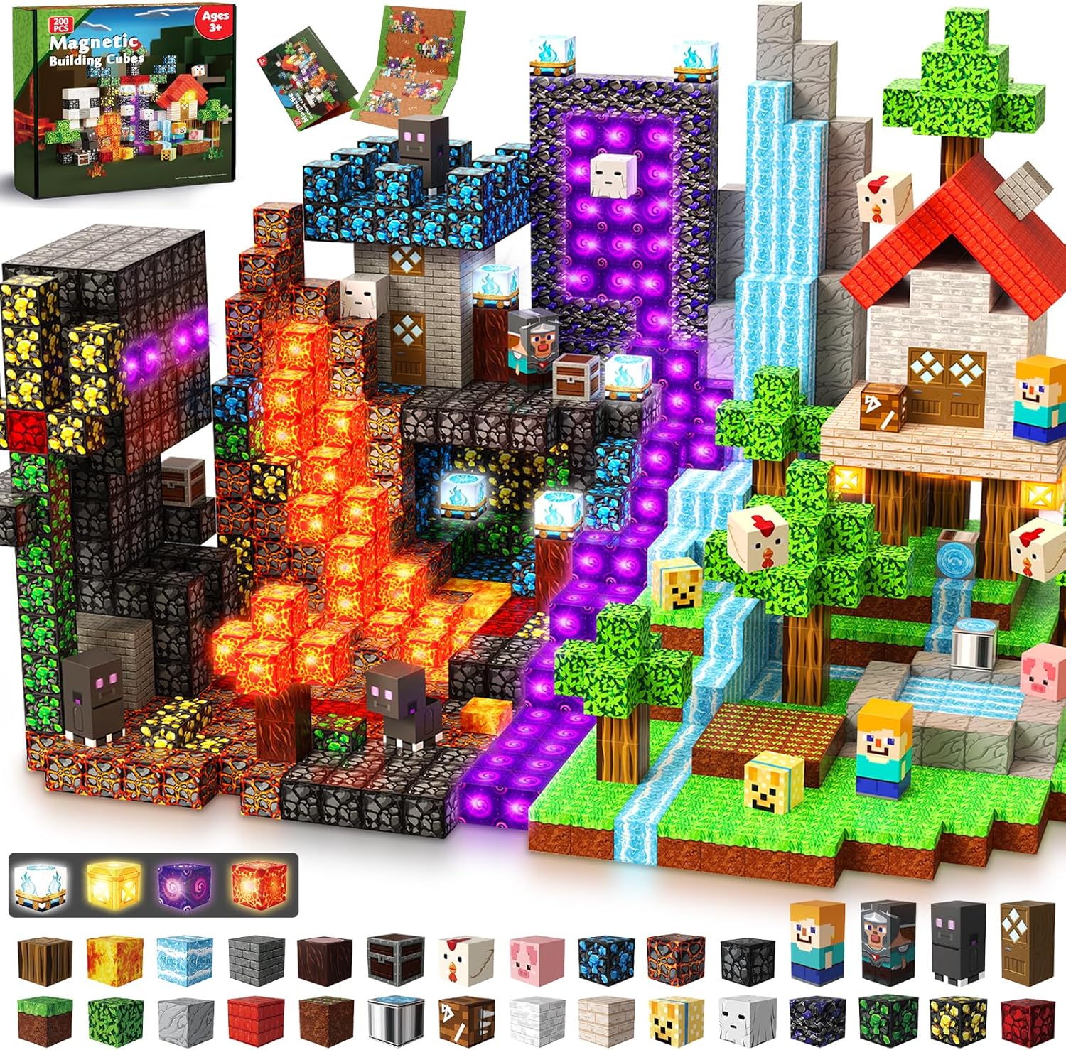 200 PCS Magnetic Building Blocks with 22 Light Up Cubes - STEM Sensory Learning Toys for Kids 3+