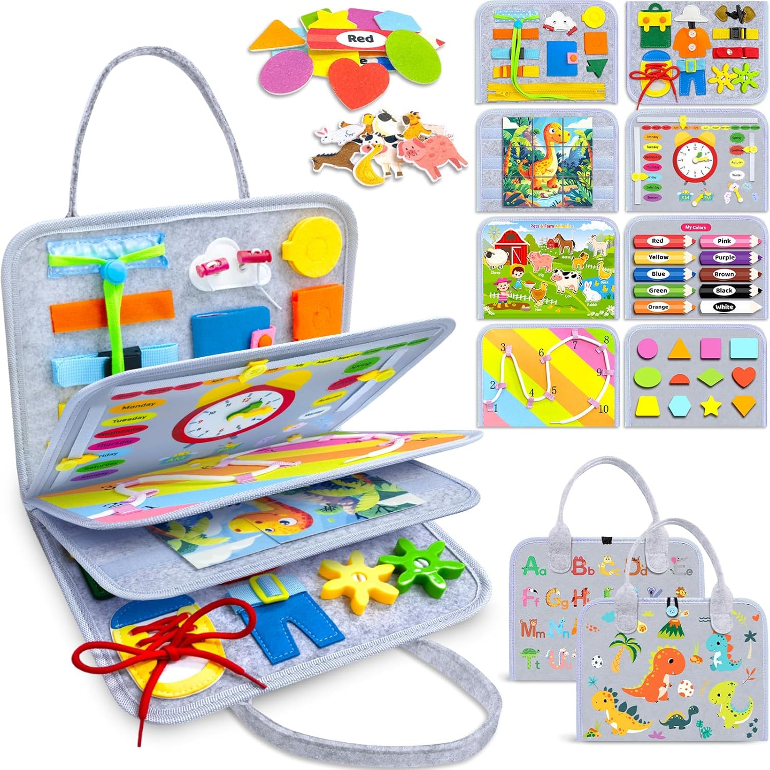 8-Page Montessori Busy Board for Toddlers - Sensory Learning Activity Book for Boys & Girls