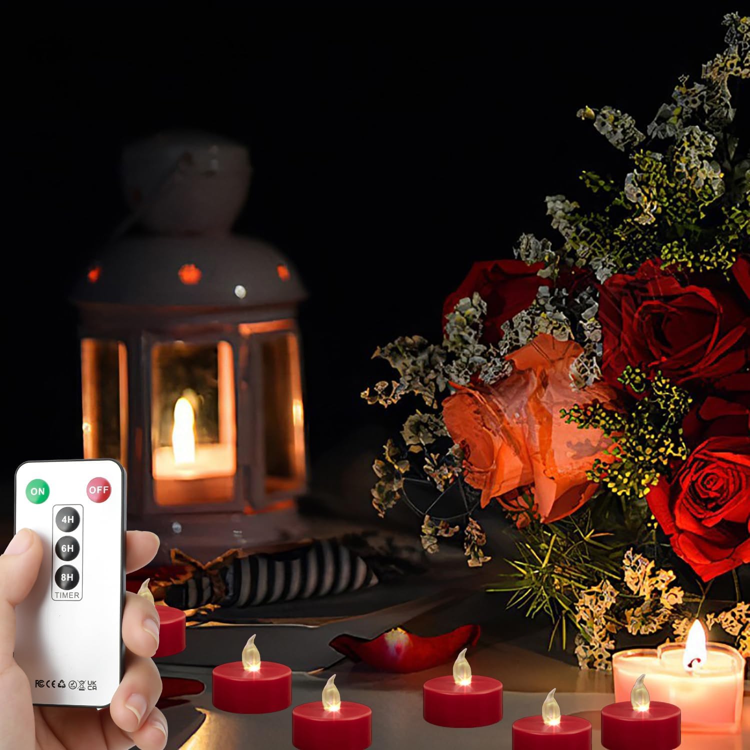 Flameless LED Tea Lights with Remote Control, Red, 24Pack | Timer, Flickering, 400+Hours Battery Operated Candles, Home Decoration, Festival Celebration, Dinner Parties