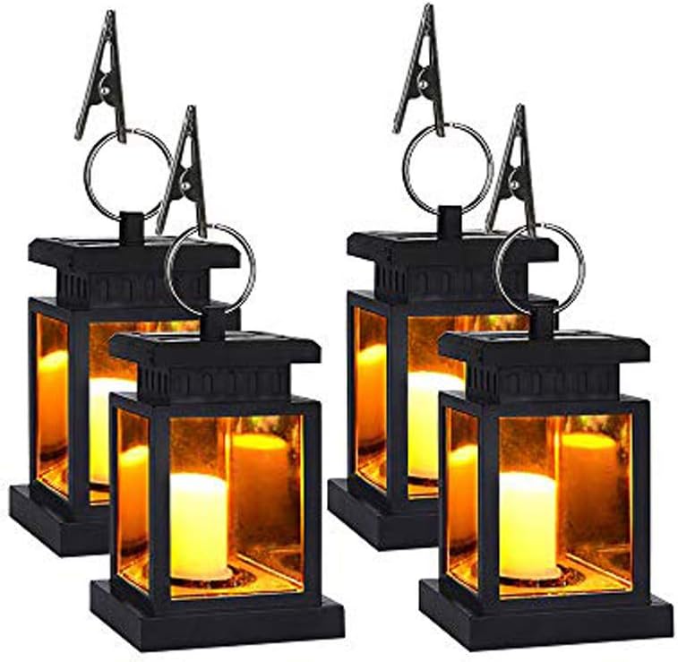 Solar Lantern Hanging LED Solar Powered Lantern Light Waterproof Flameless Candle Flickering Warm White Outdoor Decorative for Garden Patio Yard Lawn Balcony (4 Pack)