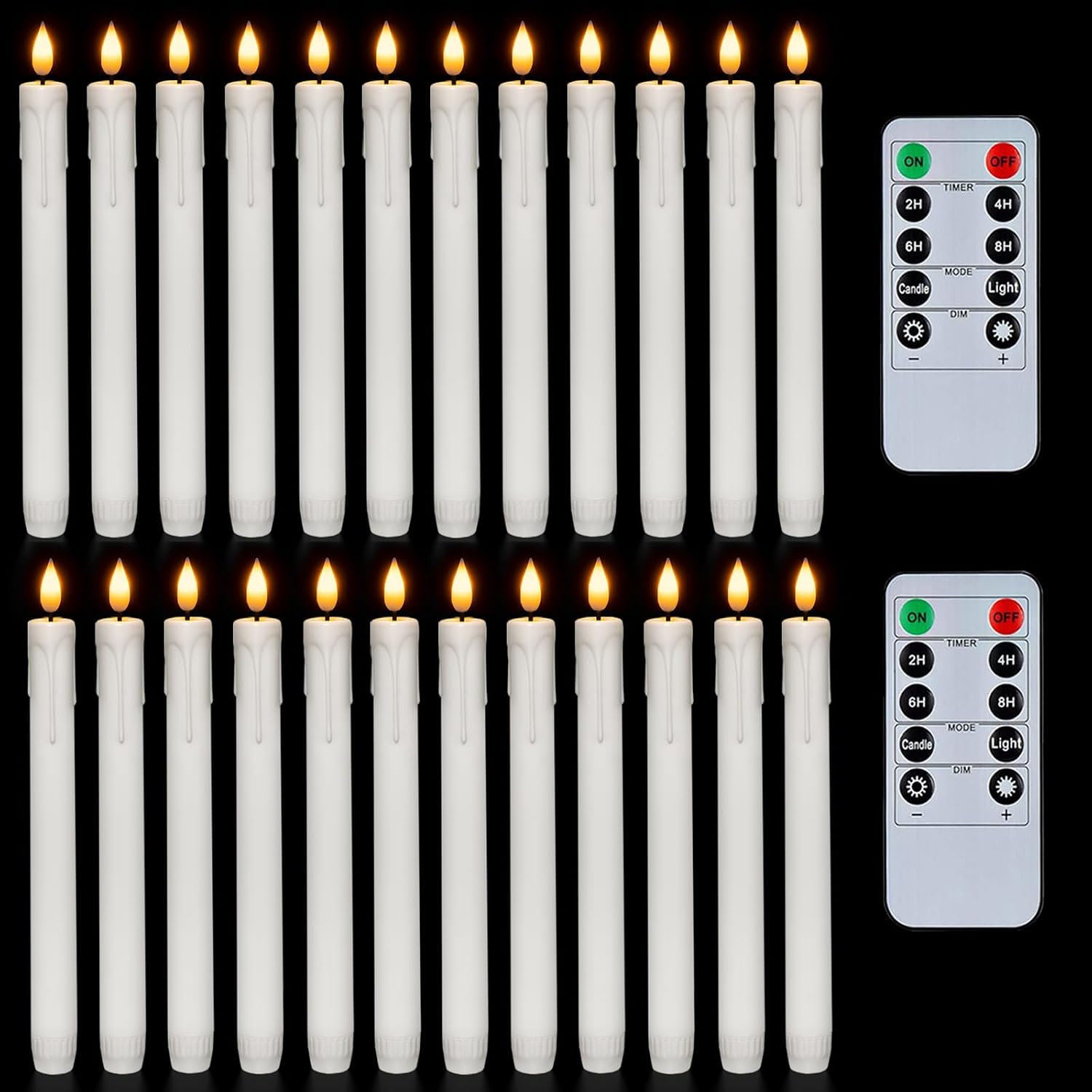 Homemory 24 Pcs White Flameless Taper Candles with Remote Timer, Lifelike Taper Candles Battery Operated with Flickering Light, Plastic, Led Candlesticks, Christmas Home Wedding Decor, 9.6 Inches