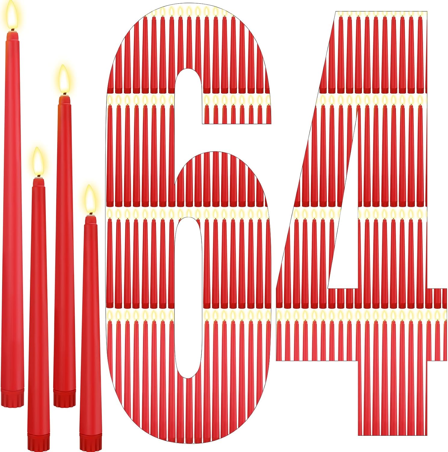 Rossesay 64 Pcs Wedding Flameless LED Taper Candles Battery Operated Candles 4 Sizes of 8.5'', 9.65'', 10.83'', 12.8'' Candlesticks Flickering for Halloween Christmas Church Wedding(Red)