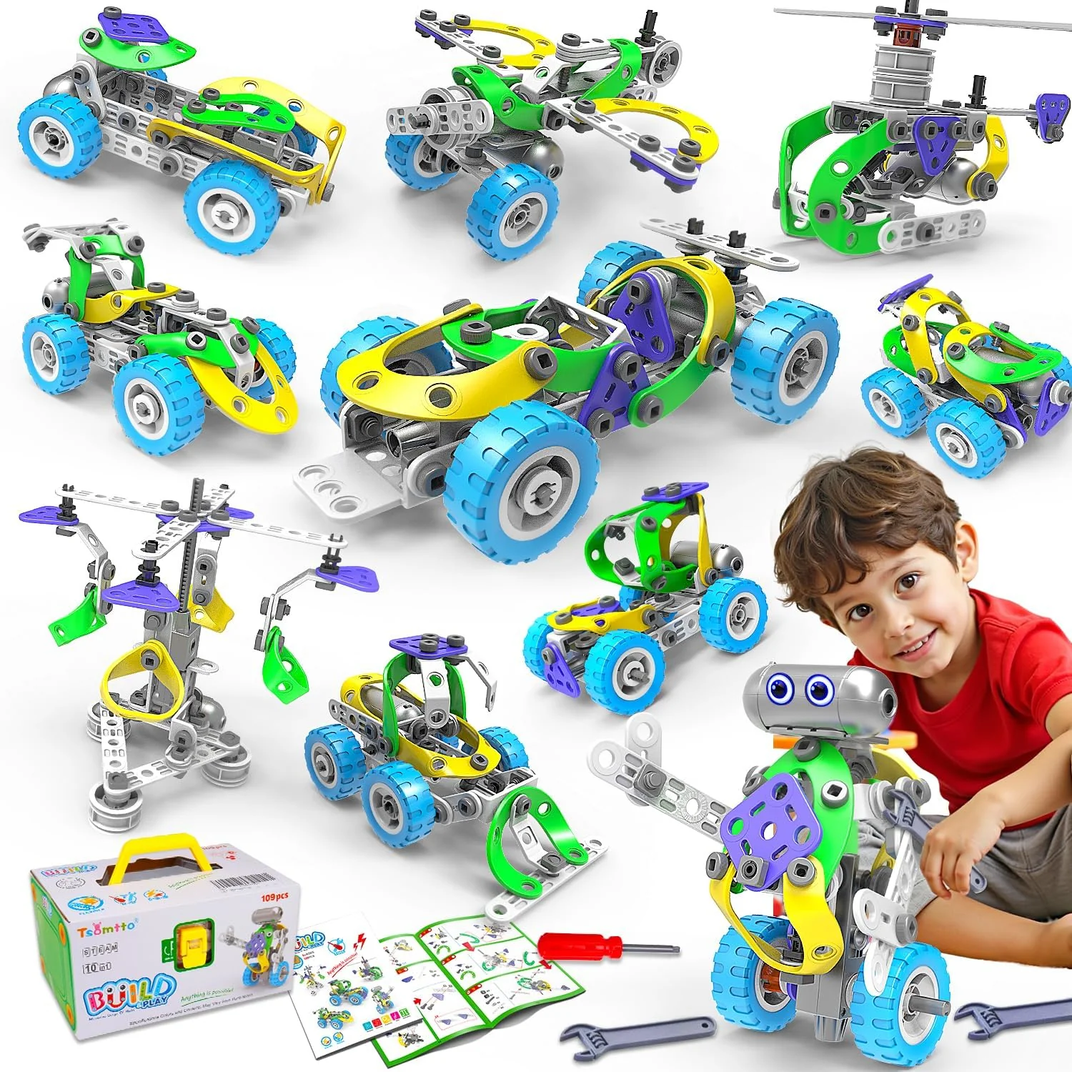 10-in-1 Electric STEM Building Toy Set for Kids Ages 5-12, 109-Piece Construction Kit