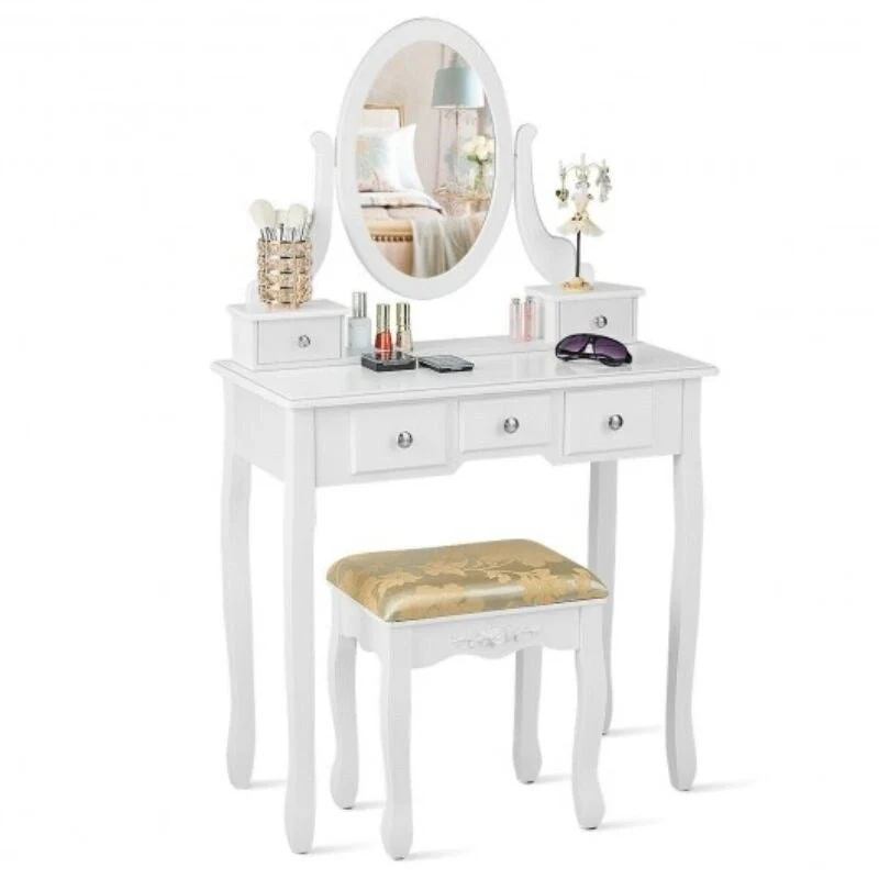 Vanity Dressing Table Set with 5 Drawers and Oval Mirror