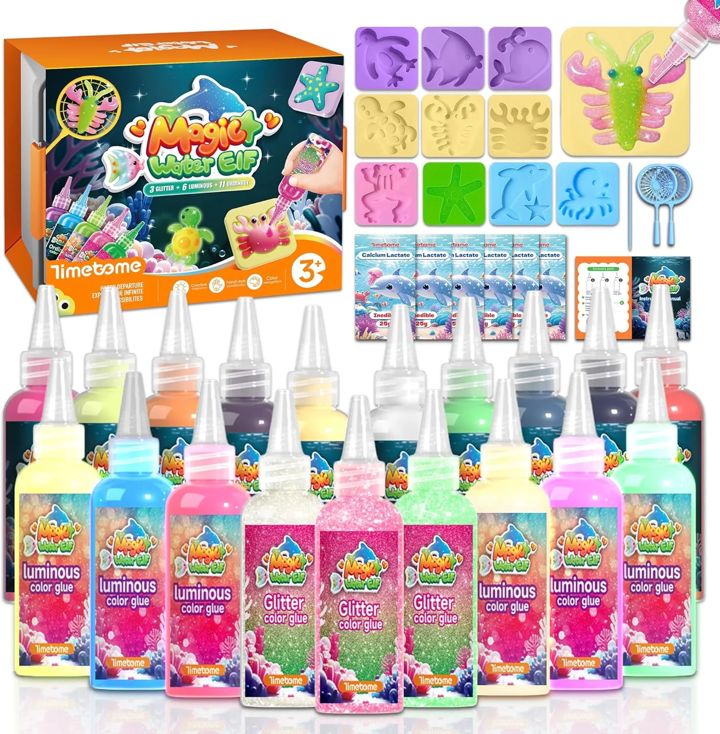Magic Water Elf Toy Kit - 20 Gels (Glow & Glitter) & 10 Molds, DIY Squishy Maker for Kids