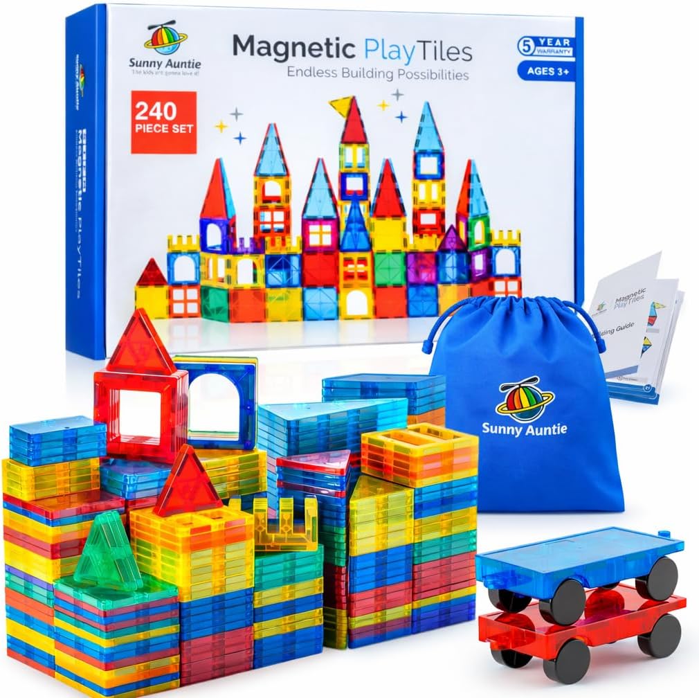 240 PCS XL Magnetic Tiles Set with Storage Bag - STEM Building Toys for Kids Ages 3-8