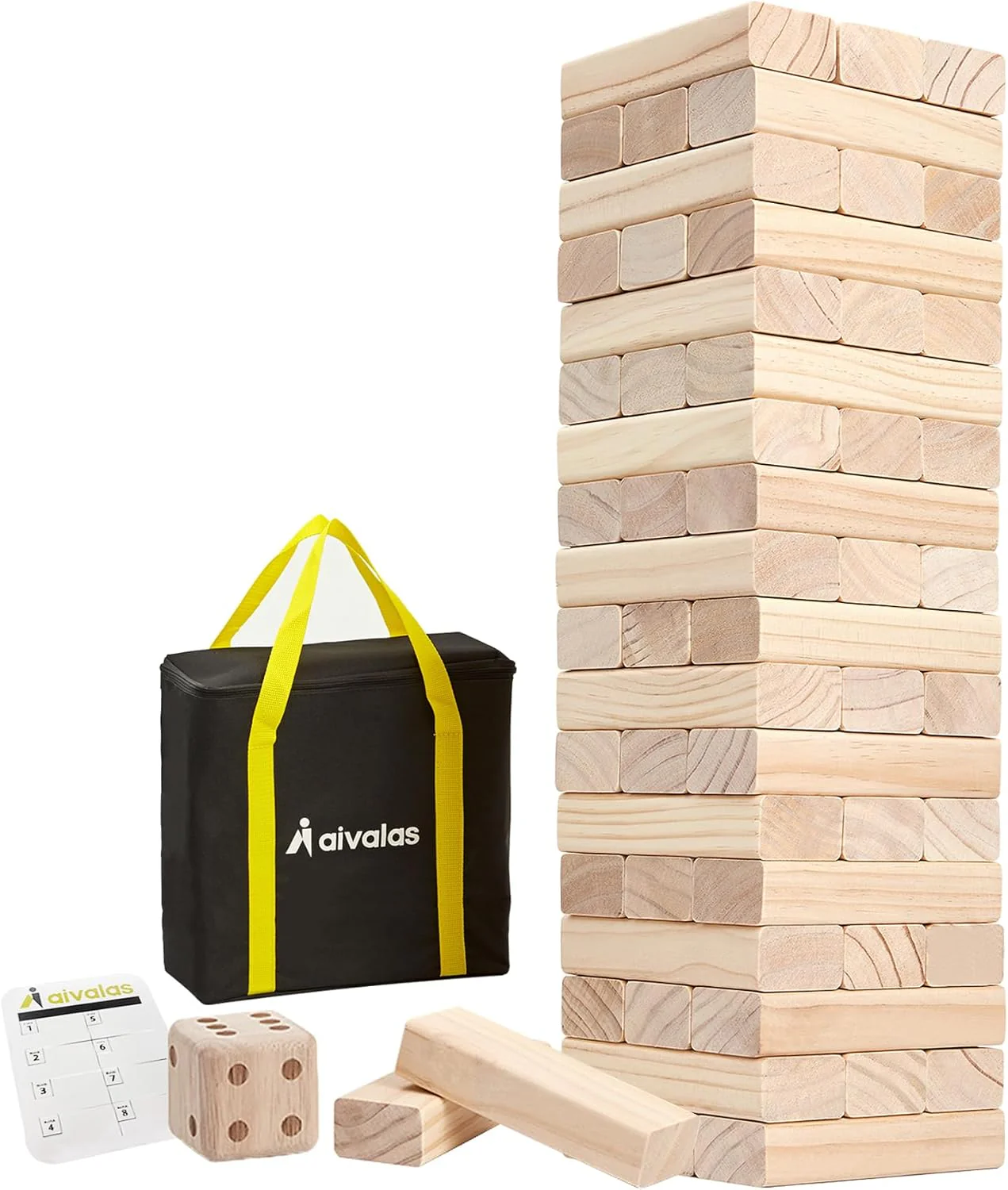 Giant Timber Blocks Game, 57 Large Pine Wood Stacking Blocks with Carry Bag and Scoreboard