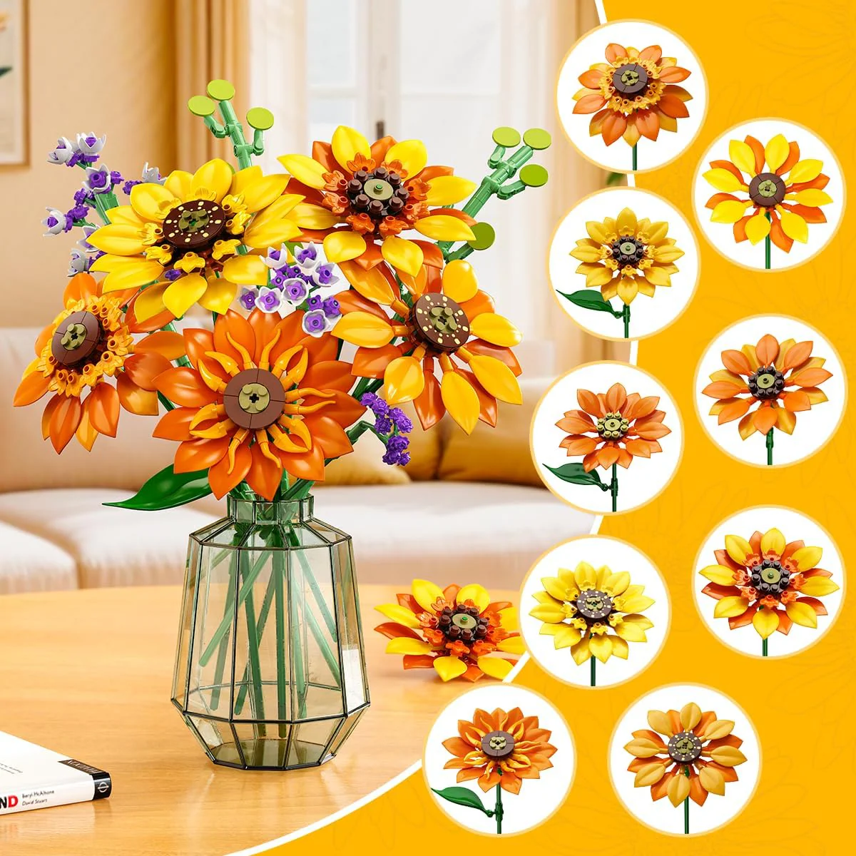 Flowers Sunflower Bouquet Building Set with Lights - 17 Flowers Botanical Collection Artificial Plant Sunflower Building Blocks Art Home Decor Easter Gifts for Adults Women Girl (1011PCS)