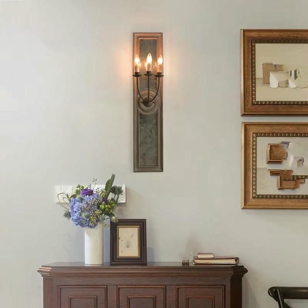 Wall Lamp American Retro Wooden Mirror Frame Wall Lamp French Living Room Bedroom Corridor Porch Old Iron Candle(Warm Light)
