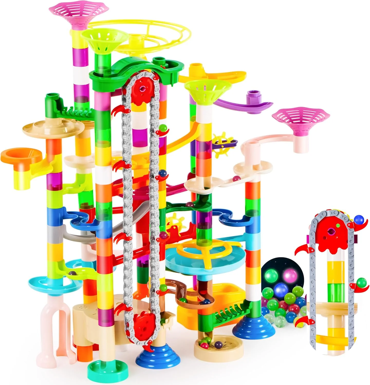 236Pcs Glowing Marble Run with Motorized Elevator - STEM Building Blocks Toy