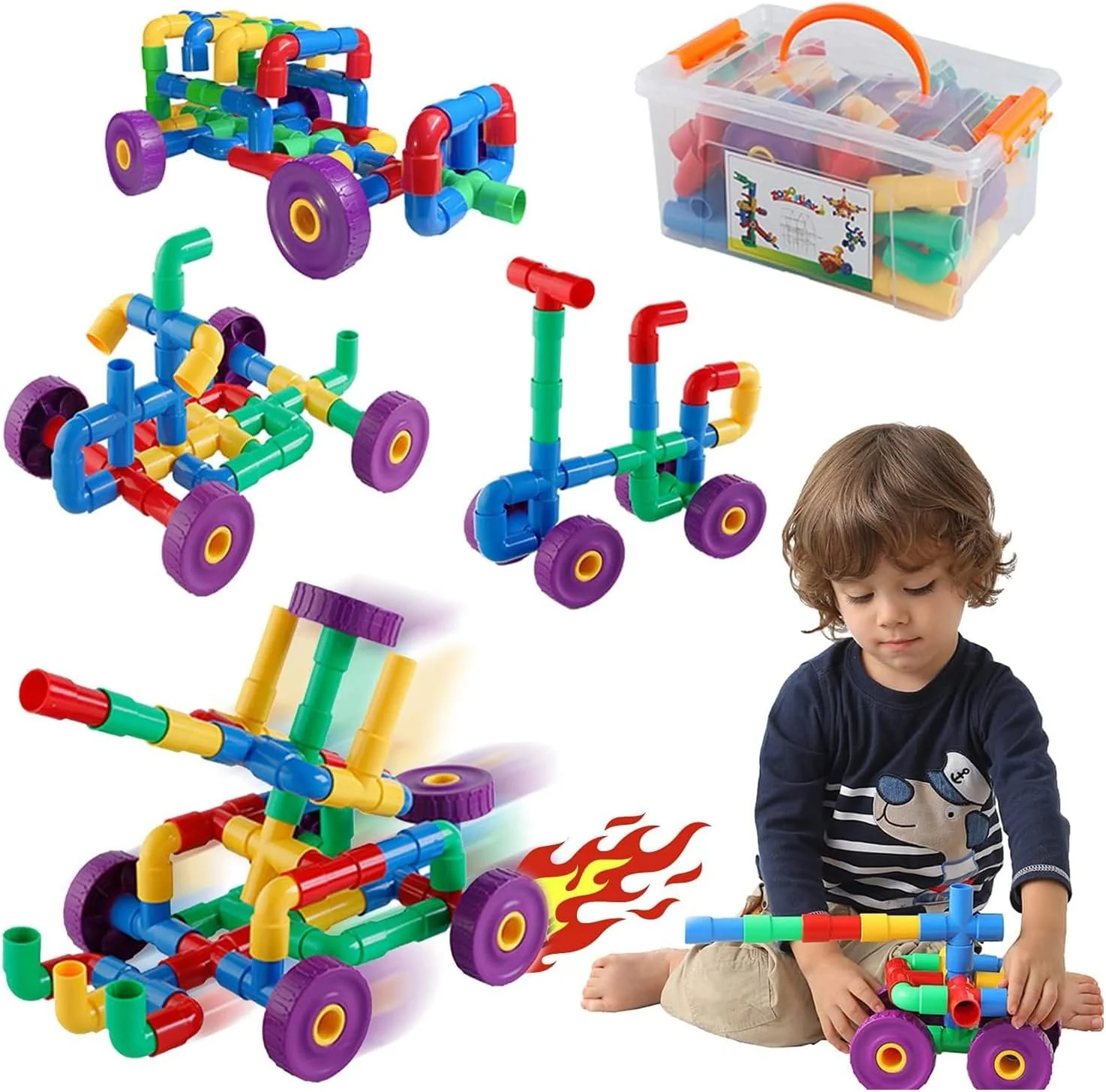 STEM Learning Toy Tubular Pipes & Spouts 64 Piece Set for Building Bicycle, Tank, and Scooter