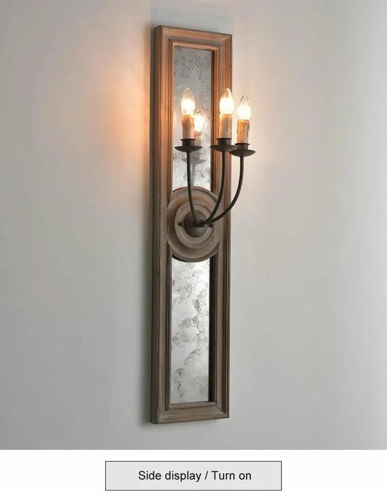 Wall Lamp American Retro Wooden Mirror Frame Wall Lamp French Living Room Bedroom Corridor Porch Old Iron Candle(Warm Light)