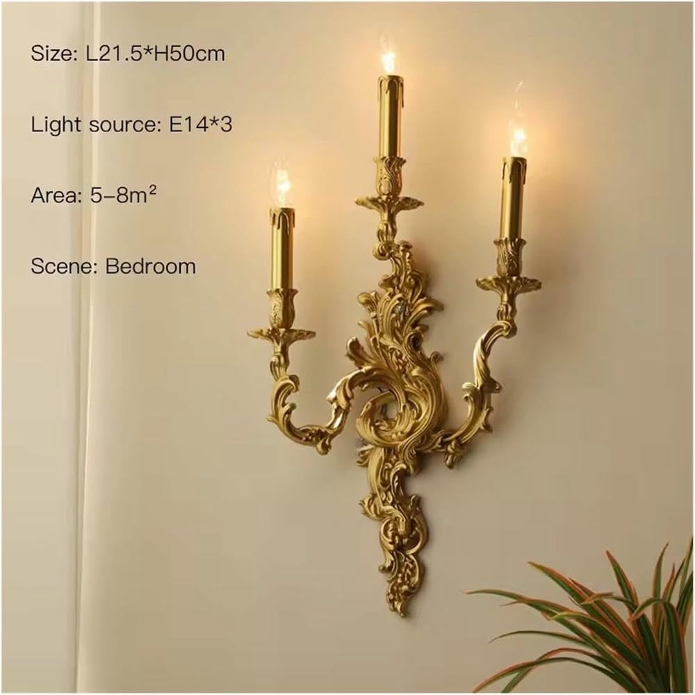 Wall Lamp Vintage Copper Candle Wall Lamp Living Room Bedroom Bedside Corridor Aisle Stair Sconce French Lighting Home Decor(White Light buld,3 Heads)