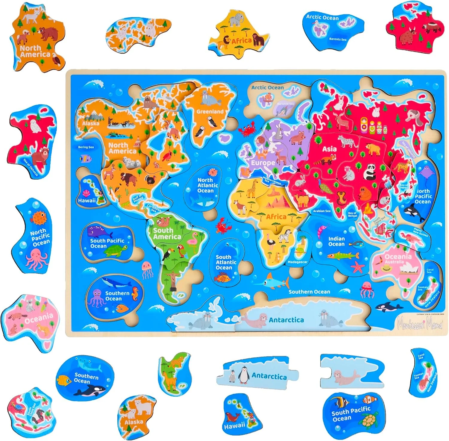Montessori Mama USA Map Wooden Puzzle, Puzzles for Kids Ages 4-6 Educational Toys for 4 Year Old Kids Puzzles Ages 5-8 Landmarks, Animals, Capitols and States