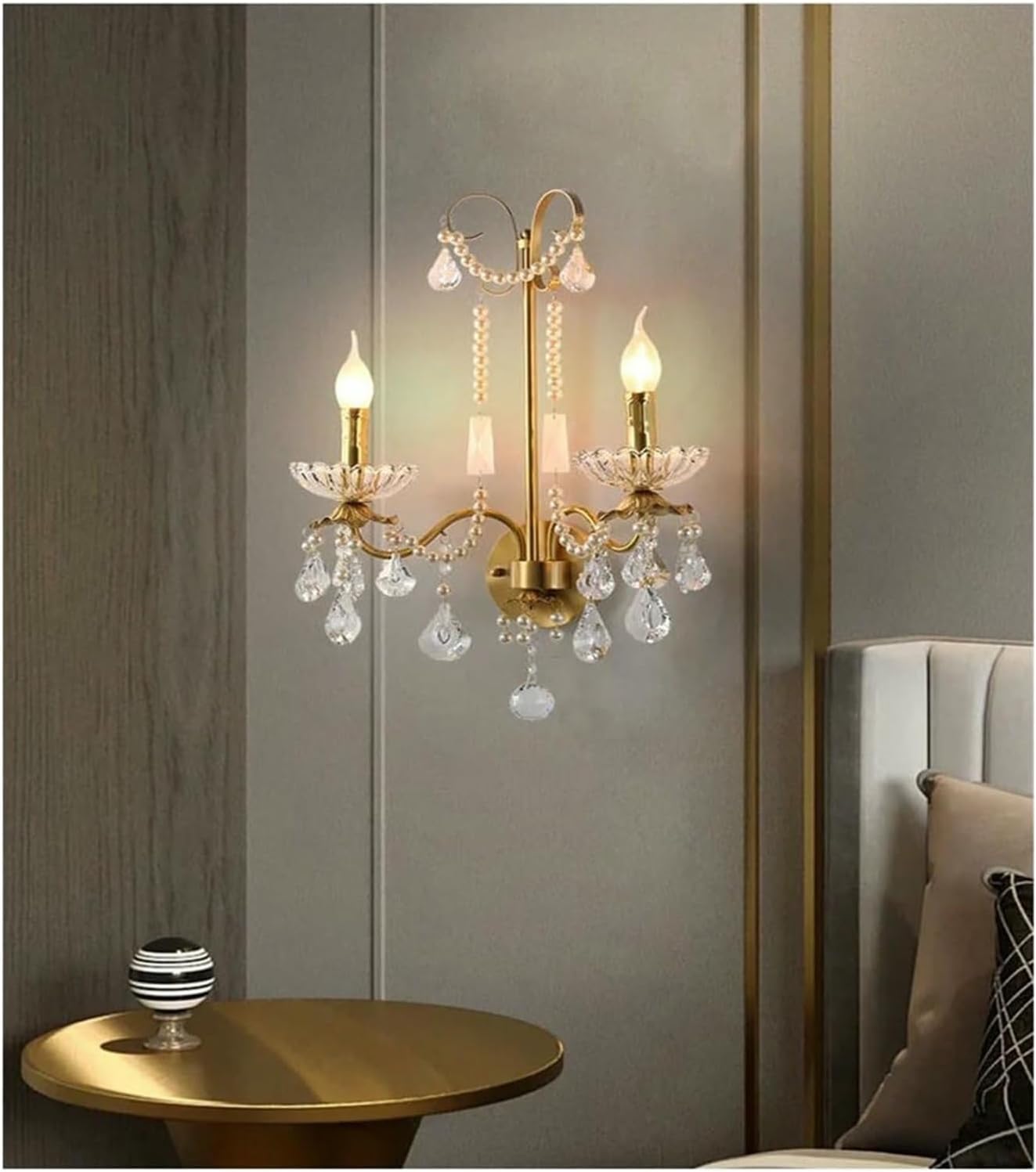 Wall Lamp French Luxury Retro Palace Crystal Pearl Wall Lamp Corridor Bedroom Bedside Living Room Dector Aisle Staircase Candle Lighting,Indoor(Warm Light)