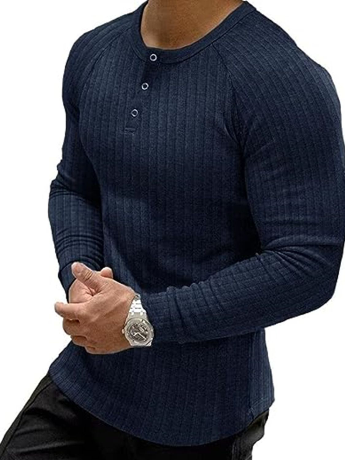 Men’s Full Size Ribbed Round Neck Long Sleeve T-Shirt Plus Size