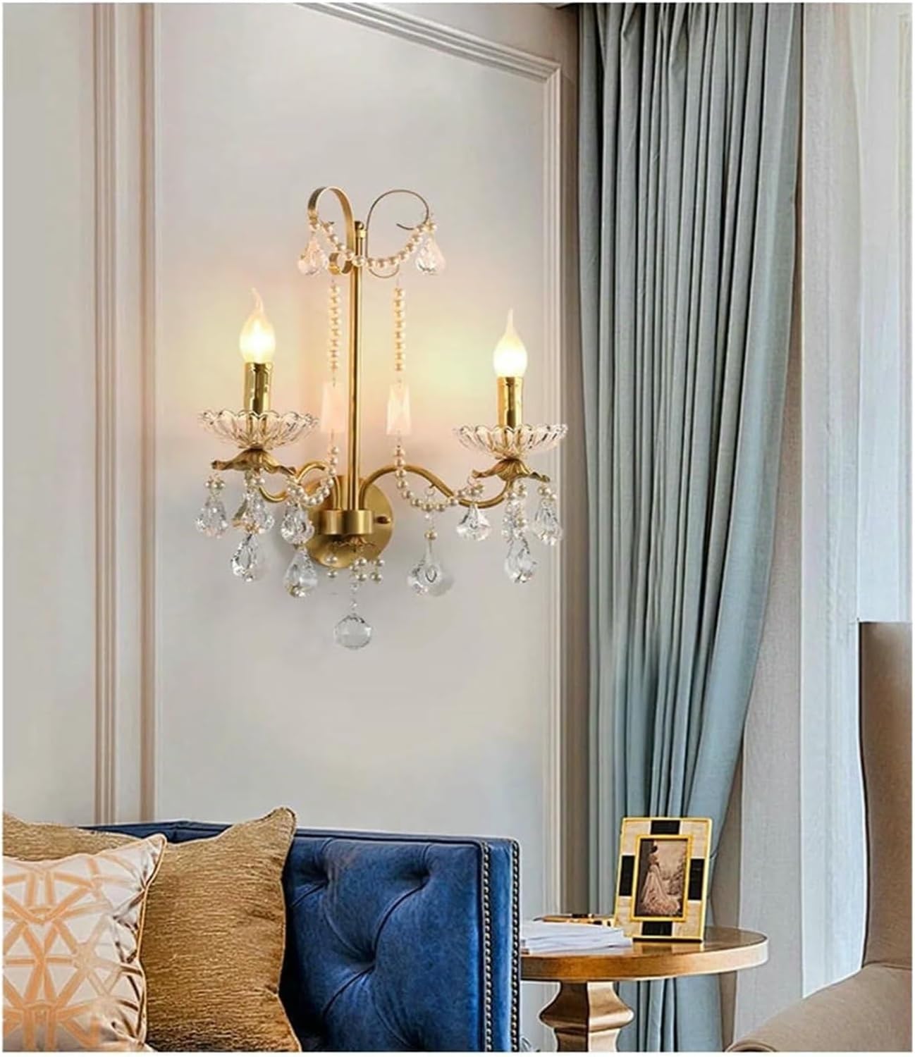 Wall Lamp French Luxury Retro Palace Crystal Pearl Wall Lamp Corridor Bedroom Bedside Living Room Dector Aisle Staircase Candle Lighting,Indoor(Warm Light)