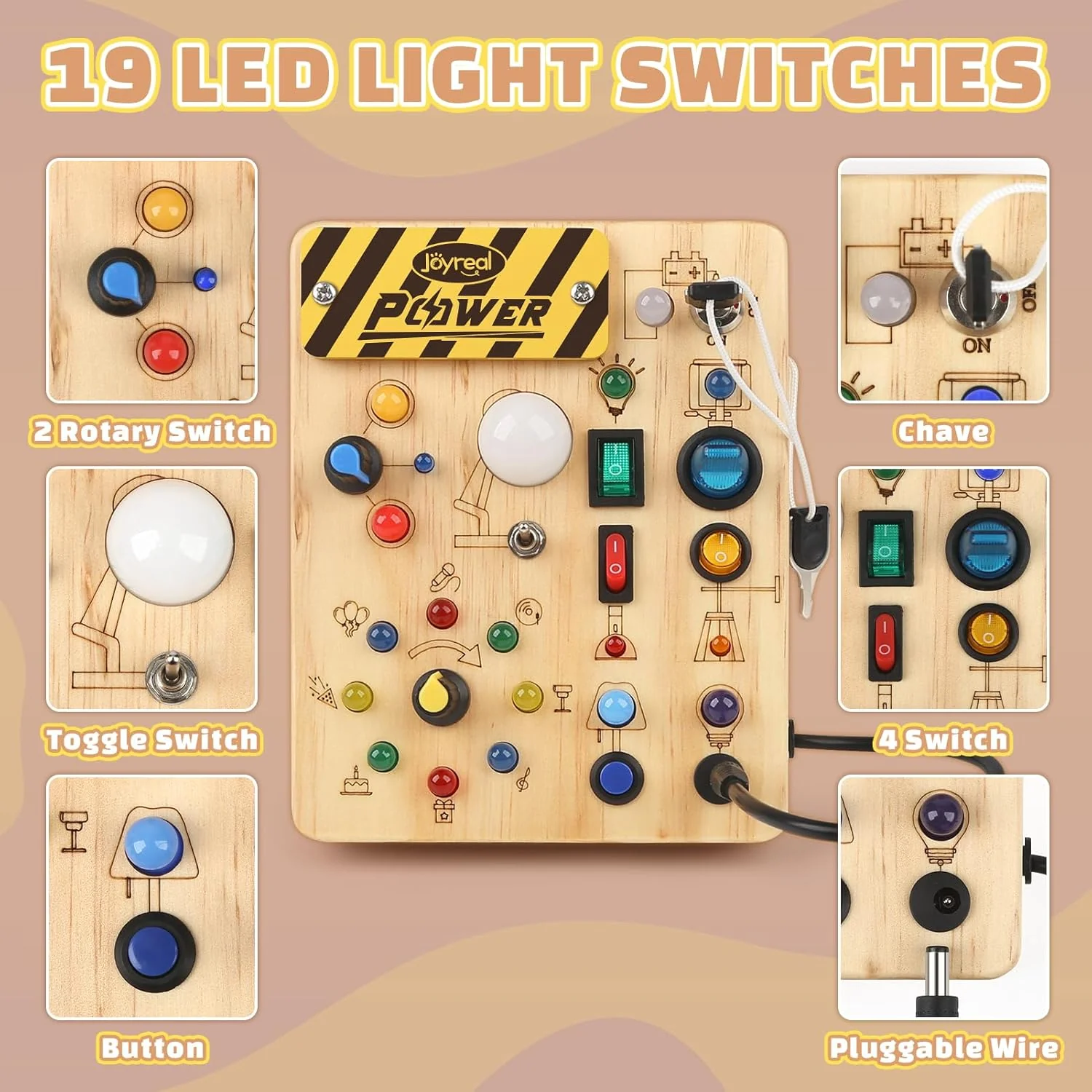 Montessori Busy Board with LED Light Up Switches, Sensory Travel Toy for Toddlers 18+ Months