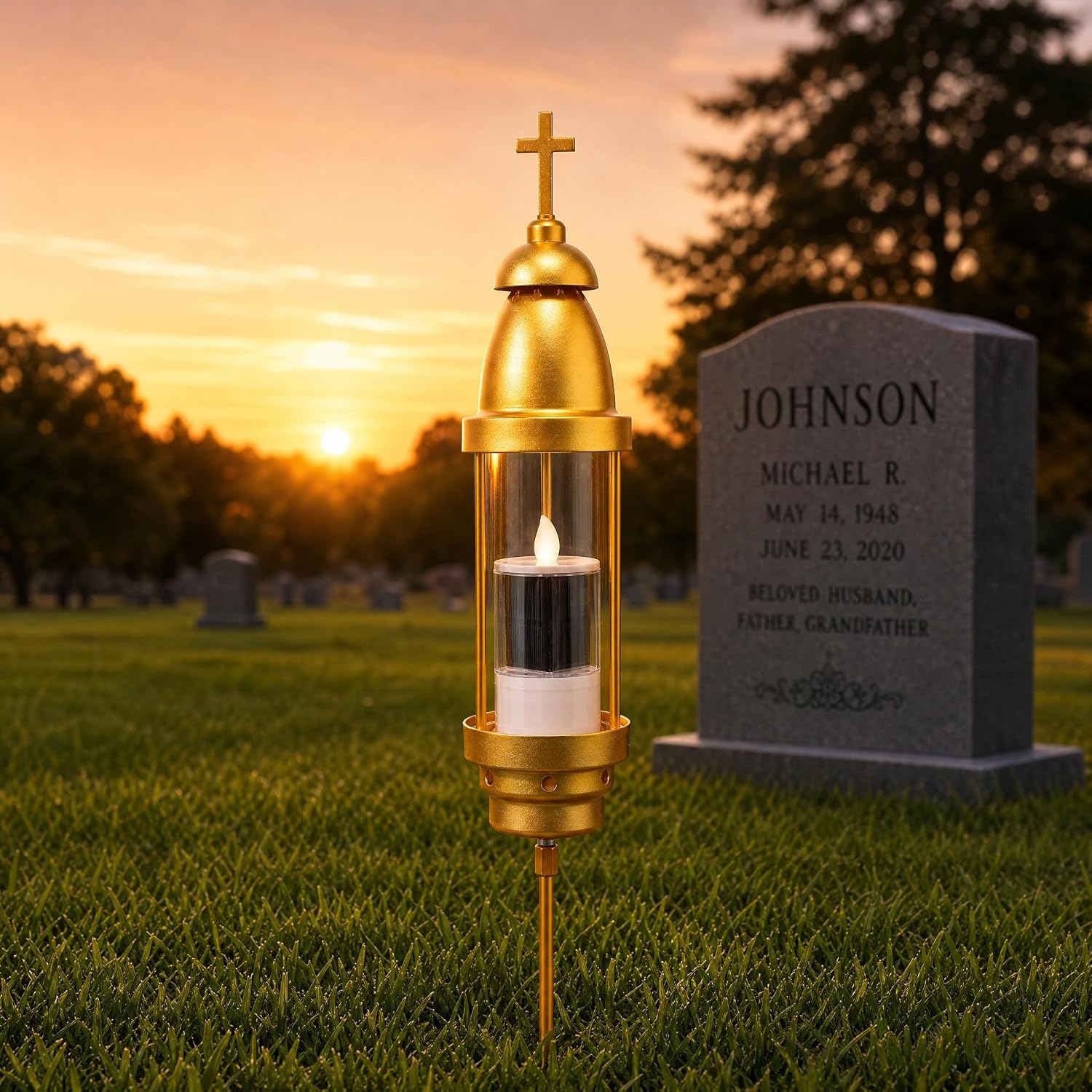 Cemetery Solar Lights with Cross & Solar Candle, Waterproof Dual Mount