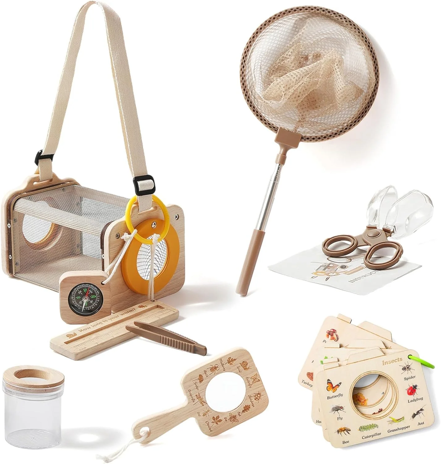 Wooden Bug Catcher Kit for Kids 3-8, 10PCS Durable Outdoor Explorer Kit with Magnifying Glass, Net & STEM Guide, Catch & Release Adventure Set for Backyard & Camping