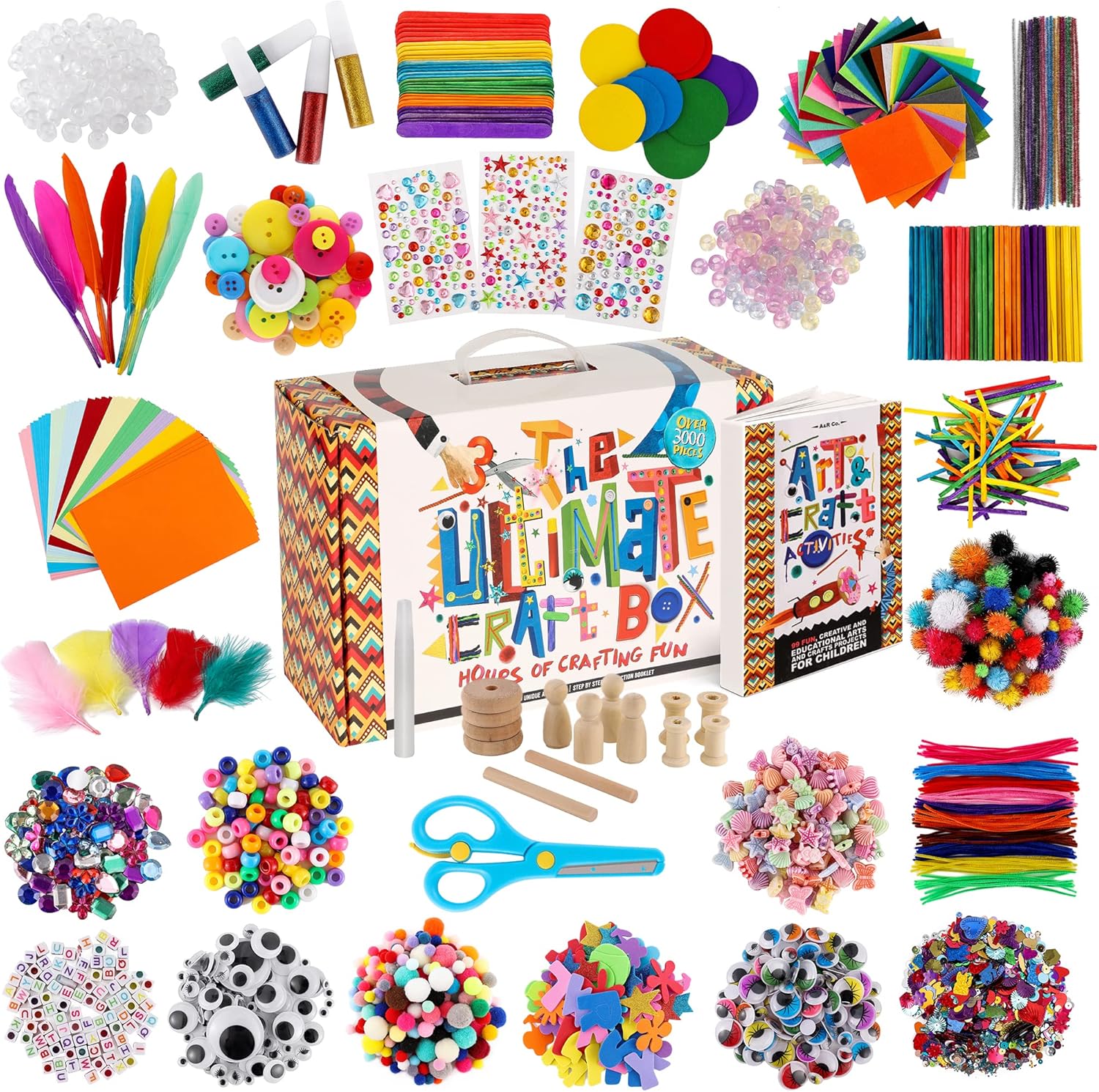 A&R CO. 3000+ Pcs Arts and Crafts Supplies & Materials for Kids - Ultimate Bulk Craft Kit for Boys & Girls with 99 Activities Book for Ages 3-5, 4-6, 6-8, 8-12