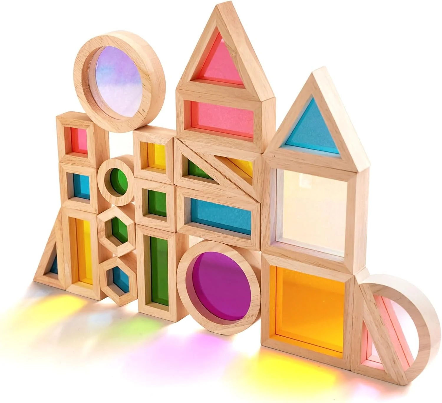 32 Pcs Wooden Rainbow Building Blocks - Stacking Geometry Construction Toys for Kids